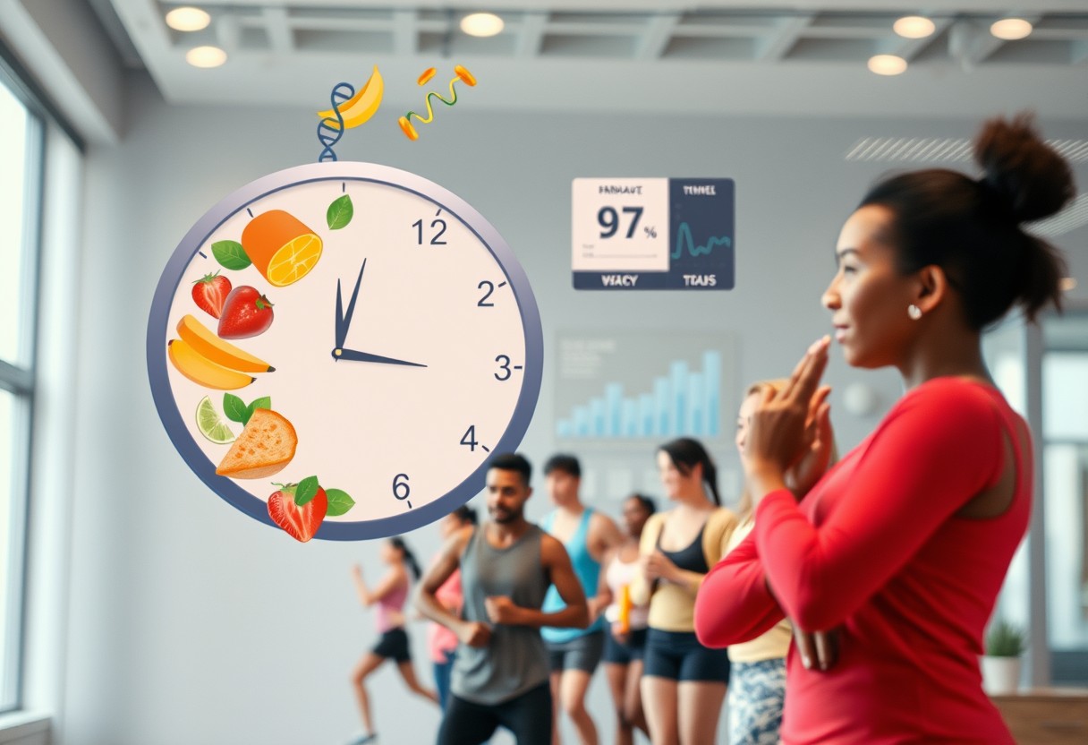 a woman standing in front of a clock